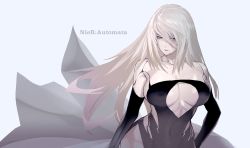 Rule 34 | 1girl, alternate costume, android, armlet, bare shoulders, black dress, black gloves, blue eyes, breasts, cleavage cutout, closed mouth, clothing cutout, dress, elbow gloves, gloves, hair between eyes, joints, large breasts, long hair, maeshima shigeki, mole, mole under mouth, nier:automata, nier (series), pale skin, pink lips, robot joints, thighs, title, a2 (nier:automata)