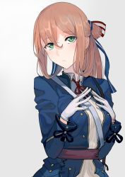 Rule 34 | 1girl, blue jacket, brown hair, commentary request, fingers together, girls&#039; frontline, gloves, gradient background, green eyes, grey background, jacket, long hair, long sleeves, looking at viewer, parted lips, ponytail, sash, solo, springfield (girls&#039; frontline), upper body, walzrj, white gloves