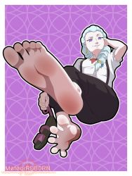 Rule 34 | arm behind head, arm up, artist name, barefoot, braid, buttons, collared shirt, death parade, earrings, foot focus, from below, highres, holding clothes, holding footwear, jewelry, long hair, looking at viewer, looking down, meteorreb0rn, nail polish, bowtie, nona (death parade), open mouth, pants, patreon logo, patreon username, purple background, purple eyes, sandals, unworn sandals, shirt, soles, thighs, spread toes, toenail polish, toenails, toes, watermark, web address, white hair