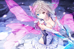 Rule 34 | 1girl, blonde hair, blue eyes, blue reflection (series), blue reflection maboroshi ni mau shoujo no ken, breasts, brown eyes, cleavage, elbow gloves, gloves, glowing, glowing weapon, heterochromia, highres, holding, holding weapon, jewelry, kishida mel, necklace, pleated skirt, ribbon, ring, shirai hinako, short hair, skirt, solo, sword, weapon