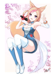 Rule 34 | 1girl, :d, absurdres, animal ears, ass, bare shoulders, blue sky, blue socks, blush, breasts, cleavage, commentary request, copyright request, detached sleeves, fang, flower, fox ears, fox girl, fox shadow puppet, fox tail, full body, gloves, hair flower, hair ornament, half gloves, highres, holding, holding microphone, kneehighs, large breasts, leaf, leaf background, light brown hair, long sleeves, looking at viewer, microphone, multicolored hair, one side up, open mouth, panties, parted bangs, pink flower, pink hair, purple eyes, red gloves, sato art, shoes, signature, single detached sleeve, single glove, sky, smile, socks, solo, strapless, streaked hair, tail, thighhighs, underwear, virtual youtuber, w, white footwear, white panties, white sleeves, white socks