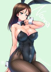 Rule 34 | 1girl, alternate costume, animal ears, bare shoulders, black leotard, blue background, blue eyes, blush, bow, bowtie, breasts, brown hair, character name, cleavage, collarbone, covered navel, detached collar, fake animal ears, fishnet pantyhose, fishnets, girls und panzer, tucking hair, highleg, highleg leotard, impossible clothes, impossible leotard, kamogawa tanuki, large breasts, leotard, long hair, looking at viewer, nonna (girls und panzer), pantyhose, playboy bunny, rabbit ears, shiny clothes, shiny skin, side-tie leotard, signature, simple background, sitting, smile, solo, twitter username, wrist cuffs