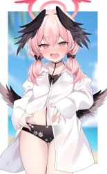 Rule 34 | 1girl, beach, bikini, bikini under clothes, black wings, blue archive, blue sky, blurry, blurry background, bow, cloud, commentary request, floral print, front-tie bikini top, front-tie top, hair bow, halo, head wings, highres, koharu (blue archive), koharu (swimsuit) (blue archive), miy@, ocean, official alternate costume, open mouth, pink eyes, pink hair, print bikini, red halo, shirt, sky, solo, swimsuit, twintails, white shirt, wings