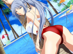 Rule 34 | 1girl, against tree, arm up, ass, back, blue eyes, blue hair, blurry, breasts, casual one-piece swimsuit, chair, cloud, cowboy shot, day, depth of field, dutch angle, eve (series), eve ~new generation x~, from behind, game cg, hair over shoulder, half-closed eyes, hashimoto takashi, high ponytail, himuro kyouko, long hair, looking at viewer, looking back, lounge chair, matching hair/eyes, one-piece swimsuit, palm tree, parted bangs, ponytail, pool, poolside, presenting, red one-piece swimsuit, sideboob, sidelocks, sky, solo, spread legs, standing, strapless, strapless one-piece swimsuit, swimsuit, table, thighs, tree, umbrella, very long hair, water, white one-piece swimsuit