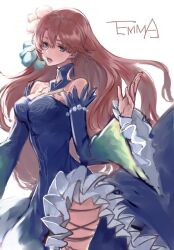 Rule 34 | 1girl, bare shoulders, blue dress, blue eyes, blue sleeves, brown hair, character name, commentary request, cosplay, detached sleeves, dress, eiyuu densetsu, emma millstein, frills, irise ryouji, long hair, open mouth, sen no kiseki, simple background, solo, strapless, strapless dress, vita clotilde, vita clotilde (cosplay), white background, wide sleeves