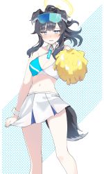 Rule 34 | 1girl, animal ears, black hair, blue archive, blue eyes, blush, breasts, cheerleader, cleavage, clothes writing, dog ears, dog girl, dog tail, goggles, goggles on head, halo, hibiki (blue archive), hibiki (cheer squad) (blue archive), highres, holding, holding pom poms, kiriyama ingram, long hair, looking at viewer, millennium cheerleader outfit (blue archive), miniskirt, parted lips, photoshop (medium), pleated skirt, pom pom (cheerleading), pom poms, ponytail, skirt, solo, star (symbol), sticker, sticker on face, tail