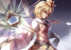 Rule 34 | 1girl, absurdres, belt, bishamonten&#039;s pagoda, bishamonten&#039;s spear, black belt, black ribbon, blonde hair, closed mouth, commentary request, cowboy shot, dress, fingernails, flower, from side, hagoromo, hair flower, hair ornament, highres, holding, holding polearm, holding weapon, long sleeves, looking at viewer, medium hair, messiah &amp; crea, neck ribbon, o-ring, orange skirt, polearm, red dress, ribbon, shawl, shirt, skirt, smile, solo, toramaru shou, touhou, weapon, white shirt, wide sleeves, yellow eyes, ||/