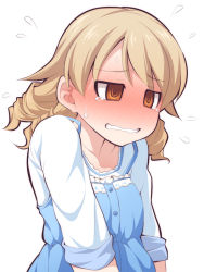 Rule 34 | 10s, 1girl, bad id, bad pixiv id, blonde hair, blue dress, blush, buttons, collarbone, dress, drill hair, eyebrows, flying sweatdrops, frown, full-face blush, idolmaster, idolmaster cinderella girls, morikubo nono, nervous, orange eyes, short hair, simple background, solo, sweat, tears, uccow, upper body, wavy mouth, white background
