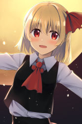 Rule 34 | 1girl, :d, absurdres, apollo (hu maple), blonde hair, blush, collared shirt, dress shirt, hair ornament, highres, looking at viewer, moon, neckerchief, open mouth, outstretched arms, red eyes, red neckerchief, rumia, shirt, short hair, smile, solo, standing, touhou, upper body, white shirt, wing collar