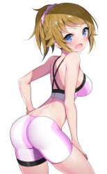 Rule 34 | 1girl, absurdres, ass, bare arms, bare shoulders, bike shorts, blonde hair, blue eyes, blush, breasts, commentary request, from behind, gundam, gundam build fighters, gundam build fighters try, hair ornament, hair scrunchie, highres, hoshino fumina, ichi-jirushi, light brown hair, looking at viewer, looking back, medium breasts, medium hair, midriff, open mouth, ponytail, scrunchie, shiny skin, simple background, skin tight, smile, solo, sports bra, two-tone sports bra