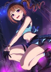Rule 34 | 1girl, bare shoulders, brown hair, drill hair, highres, idolmaster, idolmaster million live!, kamille (vcx68), looking at viewer, open mouth, purple eyes, side ponytail, solo, yokoyama nao