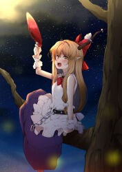 Rule 34 | 1girl, arm support, arm up, belt, black belt, blonde hair, blush, bow, bowtie, chain, collared shirt, commentary request, hair bow, highres, holding, holding plate, horn bow, horn ornament, horns, ibuki suika, long hair, long skirt, looking at viewer, low-tied long hair, night, nigo (aozoragarou), open mouth, plate, pointy ears, purple skirt, red bow, red bowtie, shirt, sidelocks, sitting, sitting on branch, skirt, sky, sleeveless, sleeveless shirt, solo, star (sky), starry sky, teeth, touhou, tree, upper teeth only, white bow, white shirt, wrist cuffs, yellow eyes