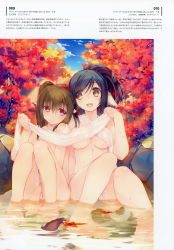 Rule 34 | 2girls, :d, absurdres, amazuyu tatsuki, animal ears, autumn leaves, bare legs, bare shoulders, barefoot, bathing, blue hair, blue sky, breasts, brown eyes, brown hair, cloud, covering privates, day, double bun, hair between eyes, hair bun, hair up, highres, kuon (utawarerumono), leaf, maple leaf, medium breasts, mole, mole under eye, multiple girls, nekone (utawarerumono), nude cover, official art, onsen, open mouth, outdoors, partially submerged, pink eyes, same-sex bathing, scan, shared bathing, side-by-side, sky, small breasts, smile, tail, towel, towel around neck, utawarerumono, utawarerumono: itsuwari no kamen, wet, white towel