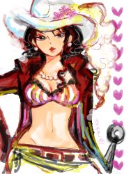 Rule 34 | 1girl, alvida (one piece), black hair, breasts, cleavage, cowboy hat, earrings, flower, hand on own hip, hat, heart, jewelry, long hair, looking at viewer, midriff, navel, one piece, open clothes, open shirt, shirt, solo, tegaki
