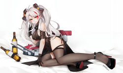 Rule 34 | 1girl, absurdres, artist name, azur lane, belt, black dress, black gloves, black thighhighs, bottle, clothing cutout, dress, evening gown, full body, gloves, green eyes, grey hair, hair ribbon, hand up, high heels, highres, long hair, looking at viewer, multicolored hair, official alternate costume, prinz eugen (azur lane), prinz eugen (cordial cornflower) (azur lane), red hair, ribbon, see-through, see-through dress, shoulder cutout, side slit, streaked hair, thigh belt, thigh strap, thighhighs, turret, two side up, underboob cutout, wine bottle, xnnagu