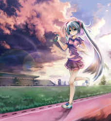 Rule 34 | 1girl, ahoge, aqua eyes, aqua hair, cloud, commentary request, grass, hatsune miku, headset, highres, holding, long hair, luobo, outdoors, photoshop (medium), revision, running, sky, solo, twintails, very long hair, vocaloid
