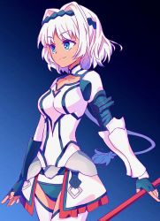 Rule 34 | 1girl, armor, black gloves, blue background, blue eyes, bodysuit, breasts, caenis (fate), cleavage cutout, closed mouth, clothing cutout, collarbone, dark-skinned female, dark skin, fate/grand order, fate (series), faulds, fingerless gloves, gloves, gradient background, hair intakes, highres, medium breasts, mushuu, polearm, short hair, smile, spear, thighs, weapon, white bodysuit