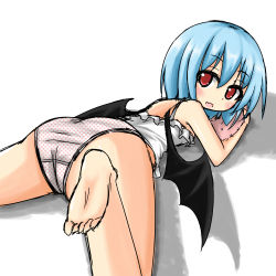 Rule 34 | 1girl, ass, barefoot, blue hair, blush, eyebrows, feet, female focus, looking at viewer, looking back, no pants, nyt, panties, remilia scarlet, shadow, shiny skin, solo, touhou, underwear, unmoving pattern, vampire