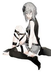 Rule 34 | 1girl, absurdres, barefoot, belt, black thighhighs, breasts, brown eyes, closed mouth, earrings, fingernails, from side, full body, grey hair, grey skirt, hair ornament, hand on own foot, highres, jewelry, knee up, looking at viewer, looking to the side, medium breasts, miniskirt, nail polish, original, renxzd, short hair, sideless outfit, simple background, single thighhigh, sitting, skirt, sleeveless, solo, thigh strap, thighhighs, toenail polish, toenails, white background