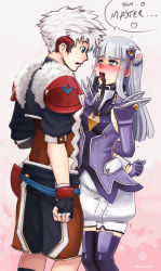 Rule 34 | 1boy, 1girl, akane (ar tonelico), aoto (ar tonelico), ar tonelico, ar tonelico iii, arms behind back, artist name, barbariank, blush, collar, colorized, drawfag, eye contact, fingerless gloves, gloves, hair ornament, heart, heart-shaped pupils, highres, leash, long hair, looking at another, mouth hold, purple thighhighs, signature, silver hair, symbol-shaped pupils, thighhighs