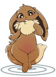 Rule 34 | 1girl, :&gt;, absurdres, animal ears, animal feet, animal hands, artist name, blush, body fur, bright pupils, brown eyes, brown fur, closed mouth, creatures (company), dated, ears down, eevee, extra breasts, female focus, flat chest, full body, furry, furry female, game freak, gen 1 pokemon, groin, hand up, happy, highres, ingi, light blush, looking at viewer, navel, nintendo, nipples, personification, pokemon, pokemon (creature), signature, simple background, smile, solo, standing, stomach, tail, thick thighs, thighs, two-tone fur, white background, white pupils, wide hips, yellow fur