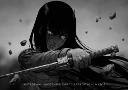 Rule 34 | 1girl, artist name, black hair, bleeding, blood, blood on face, commentary, english commentary, epaulettes, greyscale, highres, horns, kill la kill, kiryuuin satsuki, long hair, looking at viewer, manip, monochrome, pebble, school uniform, serious, simple background, solo, sword, upper body, very long hair, watermark, weapon