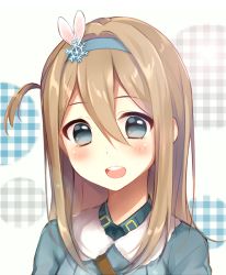 Rule 34 | 1girl, :d, blue eyes, blue hairband, blue jacket, blush, girls&#039; frontline, hair between eyes, hair ornament, hairband, head tilt, jacket, leafwow, light brown hair, long hair, looking at viewer, one side up, open mouth, plaid, portrait, smile, snowflake hair ornament, solo, suomi (girls&#039; frontline), white background