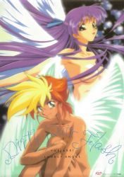 Rule 34 | 1990s (style), 2girls, blonde hair, blue eyes, character name, completely nude, convenient censoring, copyright name, dark-skinned female, dark skin, dirty pair, dirty pair flash, feathered wings, floating hair, green eyes, hair censor, kei (dirty pair flash), kimura takahiro, knees up, long hair, looking at viewer, multicolored hair, multiple girls, non-web source, nude, official art, open mouth, orange hair, purple hair, retro artstyle, scan, short hair, sitting, smile, two-tone hair, white wings, wings, yuri (dirty pair flash)