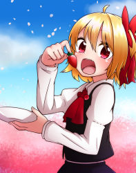 Rule 34 | 1girl, ahoge, ascot, blonde hair, blouse, bow, cherry blossoms, collaboration, eating, fangs, food, fruit, hair bow, highres, kameyan, long sleeves, looking at viewer, open mouth, petals, puffy long sleeves, puffy sleeves, red eyes, rumia, shirt, short hair, slit pupils, solo, spring (season), strawberry, touhou, vest, white shirt