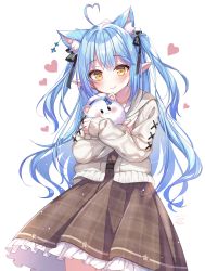 Rule 34 | 1girl, absurdres, ahoge, animal ear fluff, animal ears, black ribbon, blue hair, blush, brown dress, cardigan, cat ears, closed mouth, commentary request, cowboy shot, dated, dress, frilled dress, frills, hair ribbon, half updo, heart, heart ahoge, highres, hololive, kashiba aira, long hair, long sleeves, looking at viewer, official alternate costume, open cardigan, open clothes, plaid, plaid dress, pointy ears, ribbon, sidelocks, signature, simple background, solo, standing, two side up, very long hair, virtual youtuber, white background, white cardigan, yellow eyes, yukihana lamy, yukihana lamy (casual)