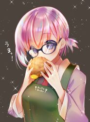 Rule 34 | 1girl, absurdres, alternate hairstyle, apron, black dress, blush, commentary request, cream puff, dress, eating, fate/grand order, fate (series), food, glasses, goo-yan (ogura tomomi), green apron, highres, holding, holding food, long sleeves, looking at object, mash kyrielight, necktie, purple eyes, purple hair, red necktie, shirt, short hair, solo, upper body, white shirt