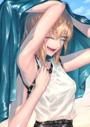 Rule 34 | 1girl, :d, armpits, blonde hair, blue eyes, blush, extra arms, extra eyes, highres, joki yoh, one eye closed, open mouth, original, see-through, short hair, smile, solo, upper body, wet, wet clothes, wet hair