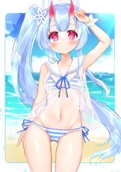 Rule 34 | 1girl, arm up, bare arms, bare shoulders, bikini, blue archive, blue hair, blue sky, blurry, blurry background, blush, chise (blue archive), chise (swimsuit) (blue archive), closed mouth, commentary request, day, depth of field, groin, highres, horizon, horns, long hair, looking at viewer, navel, ocean, oni, oni horns, outdoors, red eyes, sailor collar, see-through, shikito (yawa0w0), side-tie bikini bottom, side ponytail, sky, solo, striped bikini, striped clothes, swimsuit, very long hair, water, white sailor collar