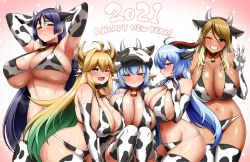 Rule 34 | 2021, 5girls, ahoge, animal ears, animal print, arms behind head, arms up, asymmetrical docking, bare shoulders, bell, bikini, blonde hair, blue hair, blush, breast press, breasts, catura (granblue fantasy), chinese zodiac, cleavage, closed mouth, covered erect nipples, cow ears, cow horns, cow print, cowbell, crossover, dark-skinned female, dark skin, draph, earrings, elbow gloves, elven forest maker, fake animal ears, fake horns, fang, fate/grand order, fate (series), ganyu (genshin impact), genshin impact, gloves, goat horns, granblue fantasy, green hair, grin, half-closed eyes, hand up, happy new year, hat, highres, horns, huge breasts, idolmaster, idolmaster shiny colors, izumi mei, jewelry, kanno takanori, last origin, long hair, looking at viewer, minamoto no raikou (fate), multicolored hair, multiple crossover, multiple girls, navel, new year, one eye closed, open mouth, parted lips, profile, purple hair, shiny skin, smile, star-shaped pupils, star (symbol), steaming body, sweat, swimsuit, symbol-shaped pupils, underboob, v, year of the ox, yellow eyes