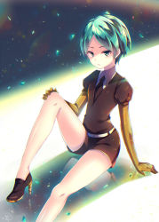 Rule 34 | 1other, androgynous, aqua hair, arm at side, bare legs, black footwear, black necktie, black shorts, brown gloves, closed mouth, collared shirt, colored eyelashes, elbow gloves, expressionless, gem uniform (houseki no kuni), gloves, gradient background, green eyes, hand on own knee, high heels, houseki no kuni, knee up, lens flare, looking at viewer, necktie, nemuri nemu, no socks, parted bangs, phosphophyllite, puffy short sleeves, puffy sleeves, reflection, shaded face, shatter, shirt, short hair, short sleeves, shorts, signature, sitting, solo, spoilers, white shirt