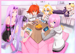 Rule 34 | 1boy, 6+girls, :d, artoria pendragon (all), artoria pendragon (fate), asterios (fate), bed, blonde hair, blue eyes, border, breasts, cellphone, cleavage, euryale (fate), fate/apocrypha, fate/grand order, fate/hollow ataraxia, fate/stay night, fate/unlimited codes, fate (series), food, fruit, fujimaru ritsuka (female), gameplay mechanics, gauntlets, glasses, green eyes, hair over one eye, health bar, helmet, hood, hoodie, jeanne d&#039;arc (fate), jeanne d&#039;arc (ruler) (fate), kotatsu, leonardo da vinci (fate), looking at viewer, lying, mandarin orange, mash kyrielight, medium breasts, medusa (fate), medusa (rider) (fate), meta, multiple girls, on stomach, open mouth, orange eyes, orange hair, phone, pillow, pink border, purple eyes, purple hair, saber (fate), saber alter, saber lily, shirotsumekusa, short hair, siblings, sisters, small breasts, smartphone, smile, square pupils, sweatdrop, table, teeth, twintails