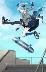 Rule 34 | 1girl, adidas, asymmetrical legwear, black socks, blue footwear, blue hair, blue sky, blue socks, day, dress, fence, frilled dress, frills, gloves, grey hat, highres, hololive, hoshimachi suisei, hoshimachi suisei (1st costume), kneehighs, mismatched legwear, mx. moz, outstretched leg, partially fingerless gloves, plaid, plaid dress, plaid headwear, shoes, single kneehigh, single sock, single thighhigh, skateboard, skateboarding, sky, sleeves rolled up, sneakers, socks, solo, stairs, thighhighs, virtual youtuber