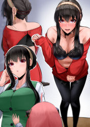 Rule 34 | 2girls, ahoge, anya (spy x family), back, bare shoulders, black bra, black hair, blush, bra, breasts, breath, cardigan, cleavage, cliov, collarbone, earrings, facing away, full-face blush, gold earrings, green vest, hairband, highres, horn ornament, horns, jewelry, large breasts, long hair, long sleeves, mother and daughter, multiple girls, multiple views, navel, off-shoulder sweater, off shoulder, open cardigan, open clothes, open mouth, pantyhose, parted lips, pink hair, raised eyebrows, red eyes, red sweater, sidelocks, spy x family, sweat, sweater, underwear, uniform, vest, white hairband, yor briar