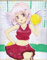 Rule 34 | 1girl, animal ears, bare arms, cheerleader, collarbone, crop top, earrings, hair ornament, hairclip, jewelry, kotarou (yukina1721), looking at viewer, midriff, mystia lorelei, navel, necklace, open mouth, pendant, pink hair, pom pom (cheerleading), purple eyes, shirt, skirt, skirt set, sleeveless, sleeveless shirt, smile, solo, standing, standing on one leg, touhou, traditional media