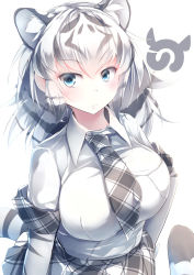 Rule 34 | 10s, 1girl, absurdres, animal ears, black hair, blue eyes, breast pocket, breasts, commentary request, elbow gloves, extra ears, fang, fang out, frown, gloves, hair between eyes, highres, japari symbol, kanzakietc, kemono friends, large breasts, looking at viewer, multicolored hair, necktie, plaid, plaid necktie, plaid neckwear, plaid skirt, plaid trim, pocket, shirt, short sleeves, silver hair, simple background, skirt, solo, streaked hair, tail, tiger ears, tiger tail, upper body, v-shaped eyebrows, white background, white shirt, white theme, white tiger (kemono friends), white tiger print