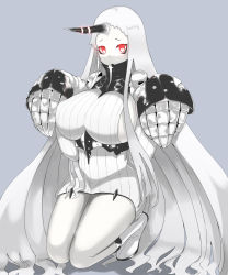 Rule 34 | 10s, 1girl, abyssal ship, blush, breasts, claws, detached sleeves, dress, highres, horns, kantai collection, large breasts, long hair, marimo maru, pale skin, red eyes, ribbed dress, seaport princess, short dress, sideboob, single horn, solo, thick thighs, thighs, very long hair, white hair