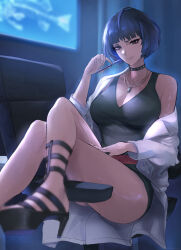 Rule 34 | 1girl, absurdres, belt, black dress, blue hair, breasts, brown eyes, chair, cleavage, crossed legs, dress, foot out of frame, high heels, highres, holding, holding pen, jewelry, lab coat, large breasts, necklace, office chair, parted lips, pen, persona, persona 5, red belt, short dress, short hair, solo, studded choker, swivel chair, takemi tae, thighs, tommy (kingdukeee)