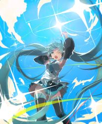 Rule 34 | 1girl, absurdly long hair, aqua eyes, aqua hair, arms up, bad id, bad pixiv id, day, detached sleeves, df=6, floating hair, hatsune miku, headset, long hair, necktie, one eye closed, open mouth, panties, skirt, sky, solo, striped clothes, striped panties, thighhighs, twintails, underwear, upskirt, very long hair, vocaloid
