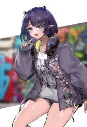 Rule 34 | 1girl, absurdres, black shorts, casual, fang, headphones, headphones around neck, highres, hololive, hololive english, hood, hoodie, mole, mole under eye, ninomae ina&#039;nis, ninomae ina&#039;nis (loungewear), open mouth, parted bangs, pixie cut, pointing, pointing at self, pointy ears, purple eyes, purple hair, purple hood, purple hoodie, shirt, short hair, short shorts, shorts, smile, solo, swept bangs, tentacle hair, virtual youtuber, vyragami, white shirt