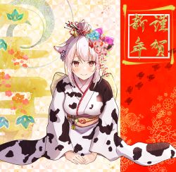Rule 34 | 1girl, absurdres, animal ears, animal print, blush, bow, breasts, chinese zodiac, closed mouth, cow ears, cow girl, cow horns, cow print, dogeza, egasumi, flower, hair bow, hair bun, hair flower, hair ornament, hairpin, happy new year, highres, horns, huge filesize, japanese clothes, kanzashi, kimono, large breasts, looking at viewer, mugiusagi, new year, obi, obiage, obijime, original, print kimono, red eyes, sash, shirt, single hair bun, smile, solo, white hair, white shirt, year of the ox