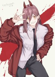 Rule 34 | 1girl, absurdres, black necktie, black pants, blood, blood splatter, blush, breasts, chainsaw man, clenched teeth, collared shirt, commentary, demon horns, feet out of frame, hair between eyes, hand on own hip, hand up, highres, horns, jacket, leaning forward, long hair, long sleeves, looking at viewer, mbr90munouk, medium breasts, necktie, off shoulder, open clothes, open jacket, pants, parted bangs, partially unbuttoned, pink hair, power (chainsaw man), red jacket, sharp teeth, shirt, sidelocks, signature, solo, standing, symbol-shaped pupils, tan background, teeth, twitter username, v, v-shaped eyebrows, white shirt