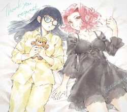 2girls artist_name bed black_hair black_nightgown blue_eyes carly_nagisa cocconeis coke-bottle_glasses glasses izayoi_aki lying multiple_girls nightgown on_back pajamas red_hair sleepwear smile stuffed_animal stuffed_toy teddy_bear thank_you yellow_pajamas yu-gi-oh! yu-gi-oh!_5d&#039;s