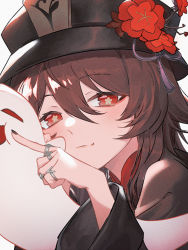 Rule 34 | 1girl, 2740825424, black hat, brown hair, cheek poking, chinese clothes, closed eyes, face, genshin impact, ghost, hair between eyes, half-closed eyes, hat, hu tao (genshin impact), jewelry, light smile, long sleeves, looking at viewer, nail polish, poking, red eyes, ring, smile, symbol-shaped pupils, top hat, wide sleeves