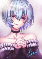Rule 34 | 1girl, ayanami rei, bad id, bad pixiv id, bare shoulders, black choker, blue hair, blush, choker, closed mouth, collarbone, cross, cross necklace, earrings, grey background, hair between eyes, highres, jewelry, koya (koya x 00), long sleeves, looking at viewer, nail polish, necklace, neon genesis evangelion, off shoulder, own hands clasped, own hands together, red eyes, red nails, short hair, signature, smile, solo, sparkle, upper body