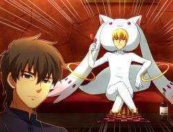 Rule 34 | 2boys, alcohol, blonde hair, board game, brown eyes, brown hair, chess, chessboard, cosplay, creator connection, cup, drinking glass, fate/stay night, fate/zero, fate (series), gilgamesh (fate), hanjuku tomato, kotomine kirei, kyubey, kyubey (cosplay), mahou shoujo madoka magica, mahou shoujo madoka magica (anime), male focus, multiple boys, red eyes, urobuchi gen, wine, wine glass